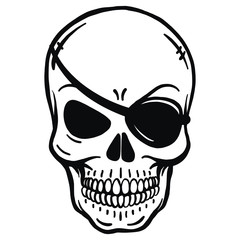 Bad horror skull with eye patch and crossbones. Black and white on pirate flag. Vector black logo template ll vector. Dark t-shirt design. Pirate Symbol