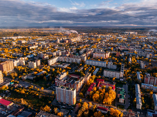 Fototapeta premium Panoramic view of city Autumn, Tom river. Drone aerial top view.