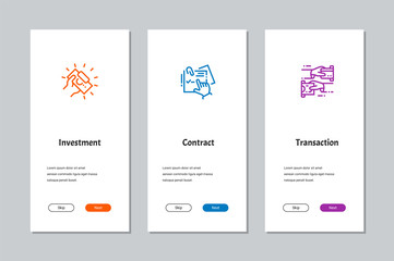 Investment, Contract, Transaction onboarding screens