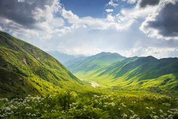 Mountains ranges. Mountain landscape in Svaneti, Georgia. Beautiful view on grassy hills and...