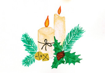Christmas candles glowing among conifer branches and gold bells