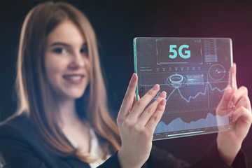 The concept of business, technology, the Internet and the network. A young entrepreneur working on a virtual screen of the future and sees the inscription: 5G