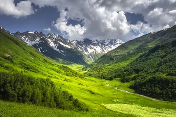 Fotobehang Alpine mountains landscape on bright sunny summer day. Grassy meadow on hillside with mountain river and rocky mountain covered by snow. Blue sky with clouds over mountain range. vibrant highlands © dzmitrock87