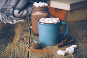 Cup of hot cocoa or hot chocolate with marshmallows and cinnamon sticks on wooden background. Winter mood.