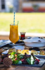 travel concept setup with traditional turkish breakfast