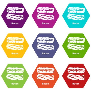 Bacon icons 9 set coloful isolated on white for web