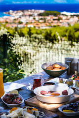 travel concept setup with traditional turkish breakfast