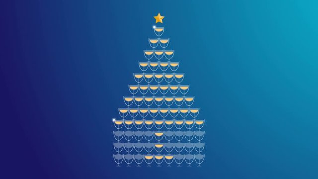 Champagne tower yellow gold color and star gold color made christmas tree illustration flat design on blue gradient background seamless looping animation 4K, with copy space