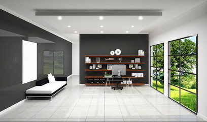 working room with sofa and decoration work room, white tile design and black wall background. 3d rendering