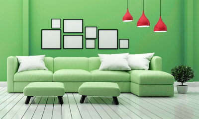 Minimal designs, living room interior with sofa plants and lamp on green wall background. 3D rendering
