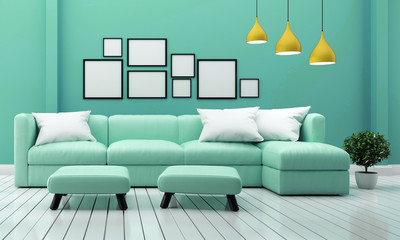 Minimal designs, living room interior with sofa plants and lamp on mint wall background. 3D rendering