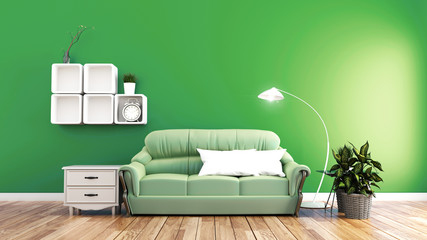 Minimal designs, living room interior with sofa plants and lamp on green wall background. 3D rendering
