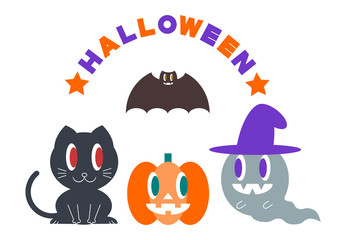 ハロウィンのロゴイラスト:お化けとかぼちゃと黒猫