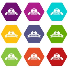 Reconstruction icons 9 set coloful isolated on white for web