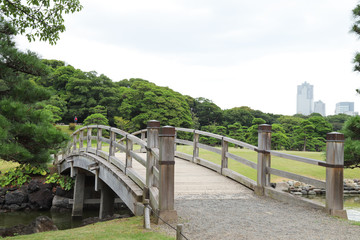 Fototapeta na wymiar Closeup of vintage wooden bridge over waterway in public park