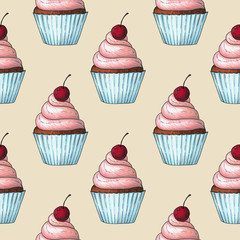seamless pattern with cupcakes, hand drawn, makers