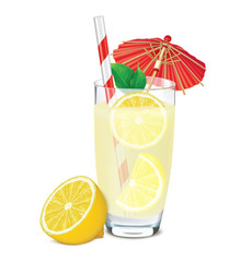 Transparent glass of lemonade with lemons, leafs, umbrella and straw. Vector illustration