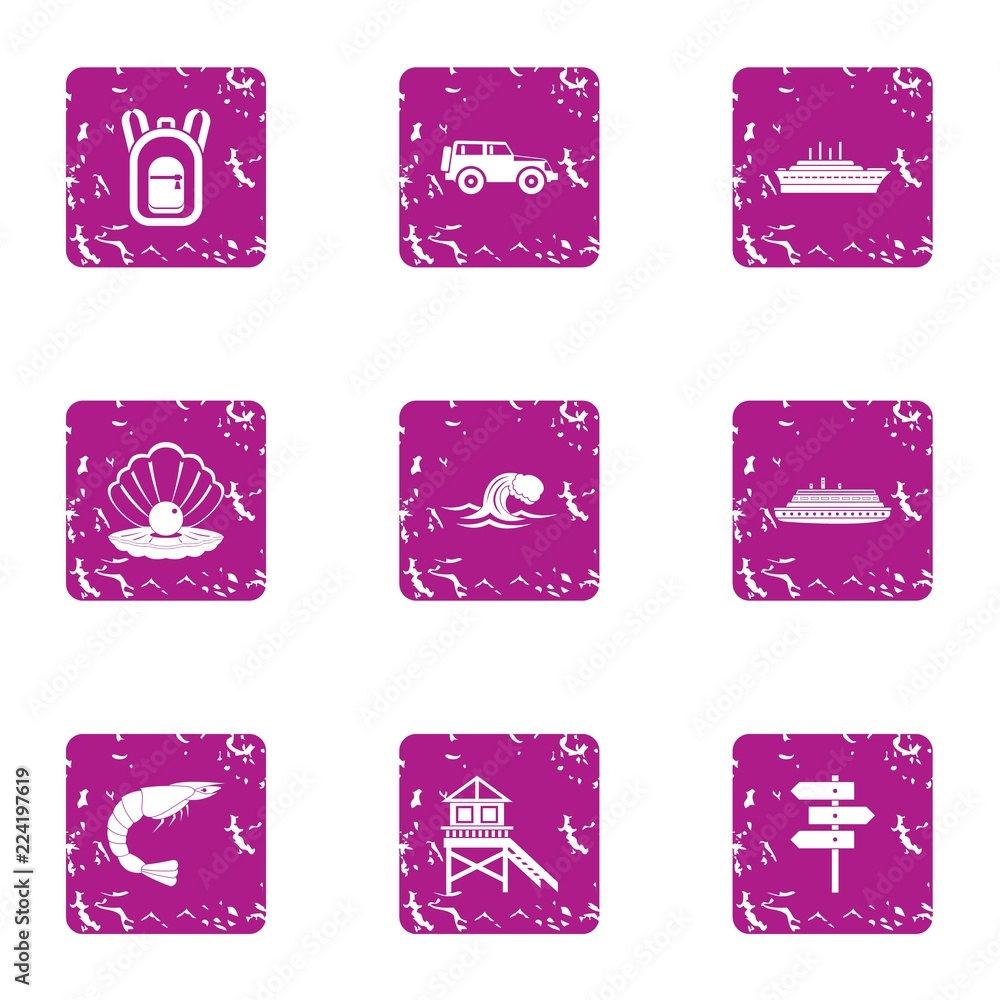 Poster coastal drive icons set. grunge set of 9 coastal drive vector icons for web isolated on white backgr
