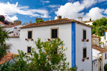 Fototapeta na wymiar Old white town house in Obidos, Portugal, with lemon tree in foreground