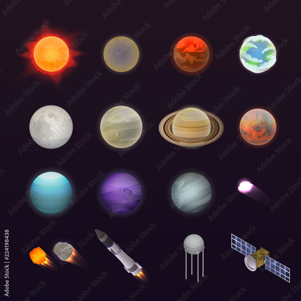 Poster planets icon set. isometric set of planets vector icons for web design isolated on white background