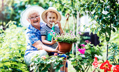 Gardening with kids. Senior woman and her grandchild working in the garden with a plants. Hobbies and leisure, lifestyle, family life