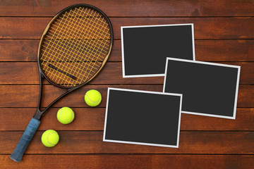 Wooden Tennis Background with Empty Photo Frames