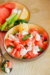 Summer light salad of watermelon, lime, mint and cheese