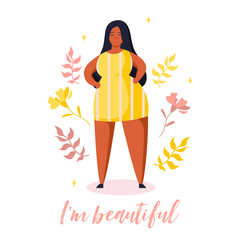 Confident  plus size girl. Body positive card with plants and lettering in trendy flat style. Text i'm beautiful