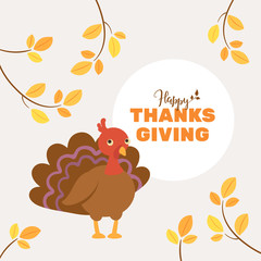 Thanksgiving traditional celebration poster. Vector drawing illustration with turkey decorated by autumn branches with yellow leaves. Banner template and circle badge with text 