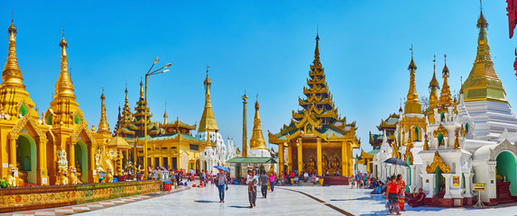 Panorama of Shwedagon Zedi Daw with ornate image house, Yangon, Myanmar