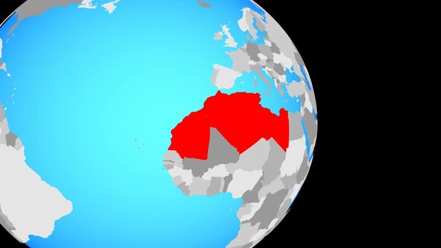 Closing in on Maghreb region on simple political globe. 3D illustration.