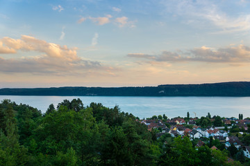 Germany, Lake constance in warm dawning light from above