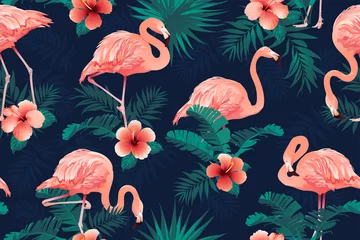 Fototapete Flamingo Schöner Flamingo-Vogel-tropischer Blumen-Hintergrund. Nahtloser Mustervektor.