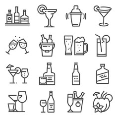 Vector line alcohol icons set on white background