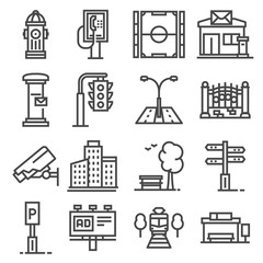 Vector line city elements icons set on white background