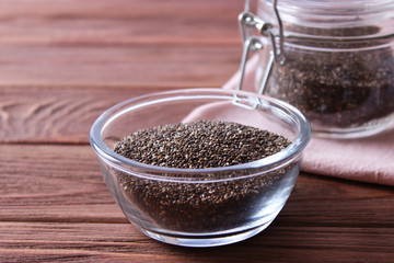 chia seeds on a wooden background. Useful supplements, super food, healthy food, veggie