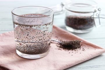 water with chia seeds in a glass. super food, proper nutrition, healthy supplements