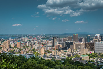 Fototapeta na wymiar MONTREAL, QUEBEC / CANADA - JULY 15 2018: Montreal cityscape. View from the port..