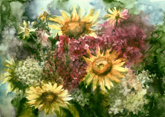 Fototapeta na wymiar watercolor painting picture drawing of bouquet flowers
