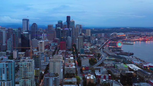 Aerial footage Washington Seattle skyline 4k