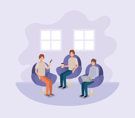 group of men using technology and drinking coffee