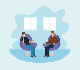 group of men using technology and drinking coffee