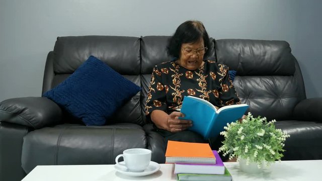 senior woman reading a book in living room