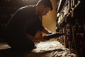 Sommelier taking one of bottles from wooden cellar