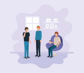 group of men using technology and drinking coffee