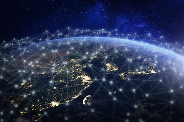 Asian telecommunication network connected over Asia, China, Japan, Korea, Hong Kong, concept about internet and global communication technology for finance, blockchain or IoT, elements from NASA - obrazy, fototapety, plakaty