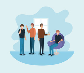group of men using technology and drinking coffee
