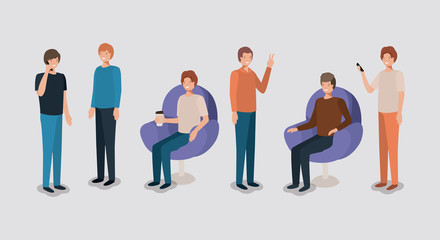 group of men using technology and drinking coffee