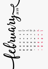 2019 Table Calendar Design. 12 Months Desk Diary. February 2019 – Page 2 of 12. Handwritten Calligraphic Vector Design Template A4 size.