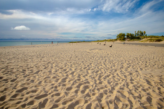 Ludington State Park Beach. Wide sandy beach and Lake Michigan coast at one of Michigan's most popular state park.